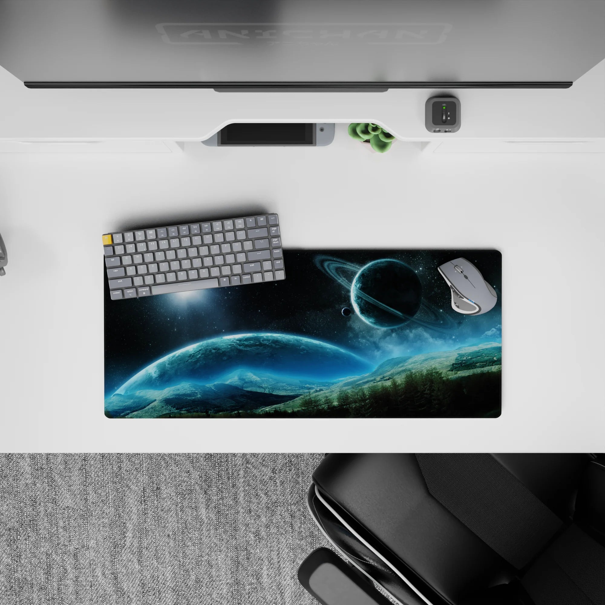 Calming navy-to-icy blue gradient mouse pad 28x12 inches with soft cosmic glow and glittering stars.