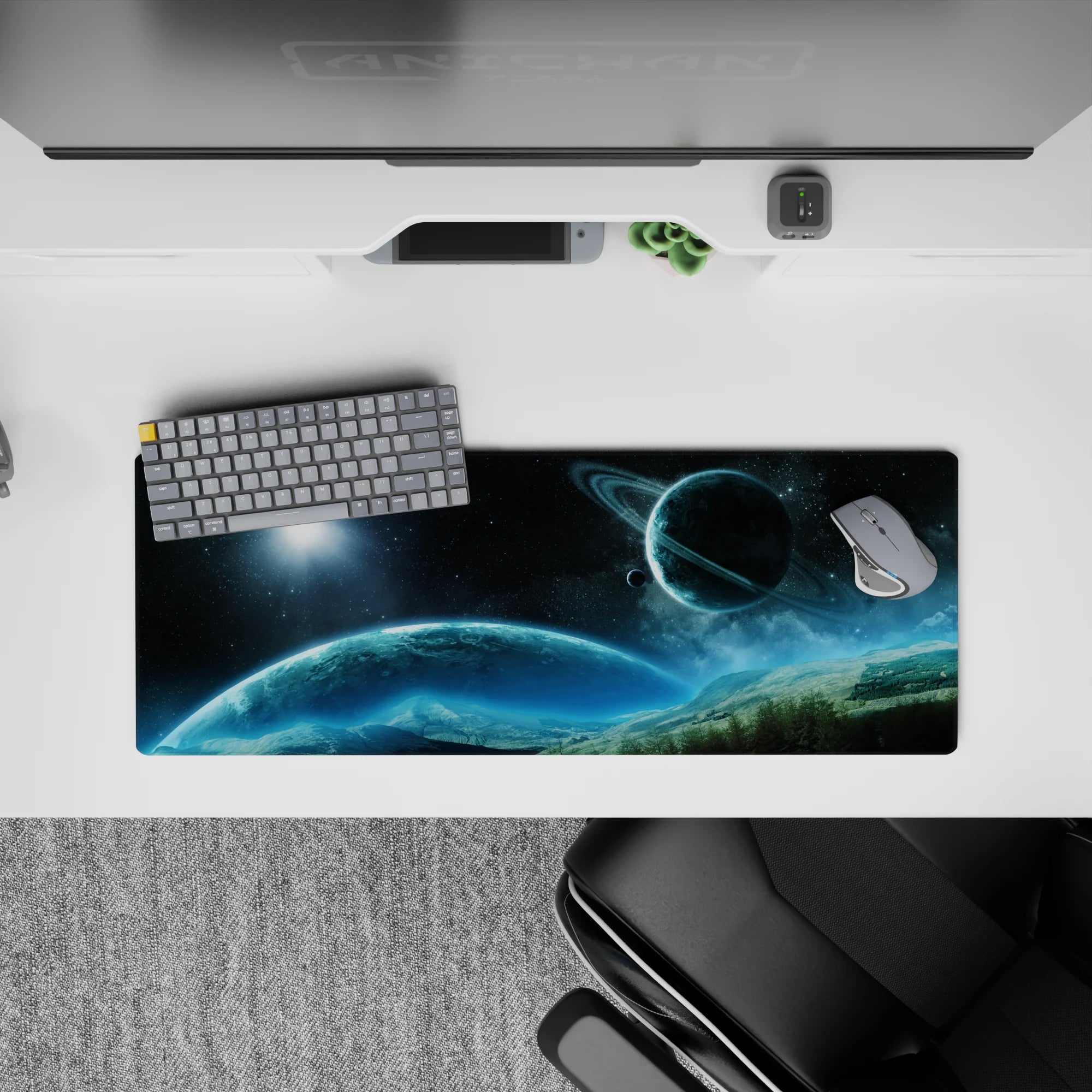 Deep navy to icy blue gradient mouse pad 32x12 inches with calm glowing starlit mood.