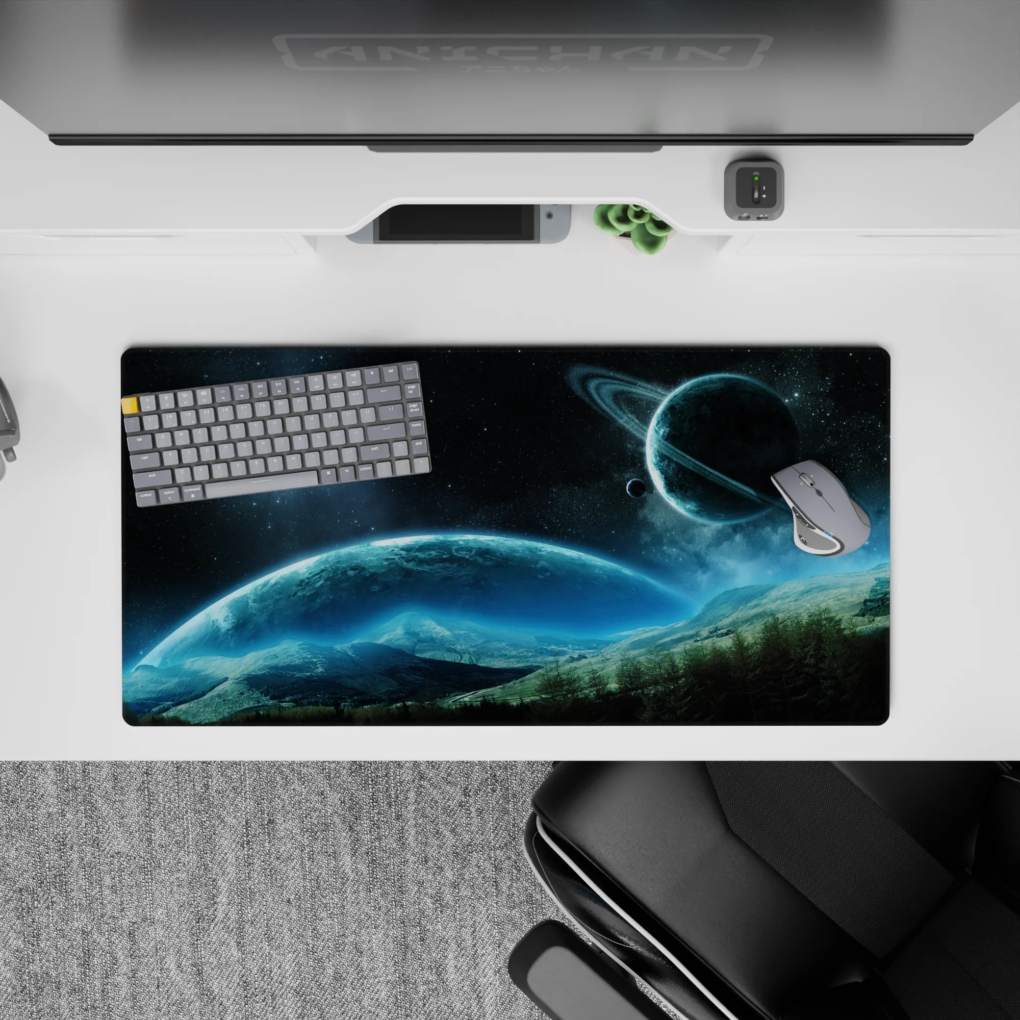 Deep navy to icy blue gradient mouse pad 32x16 inches with calm glow and glittering stars.
