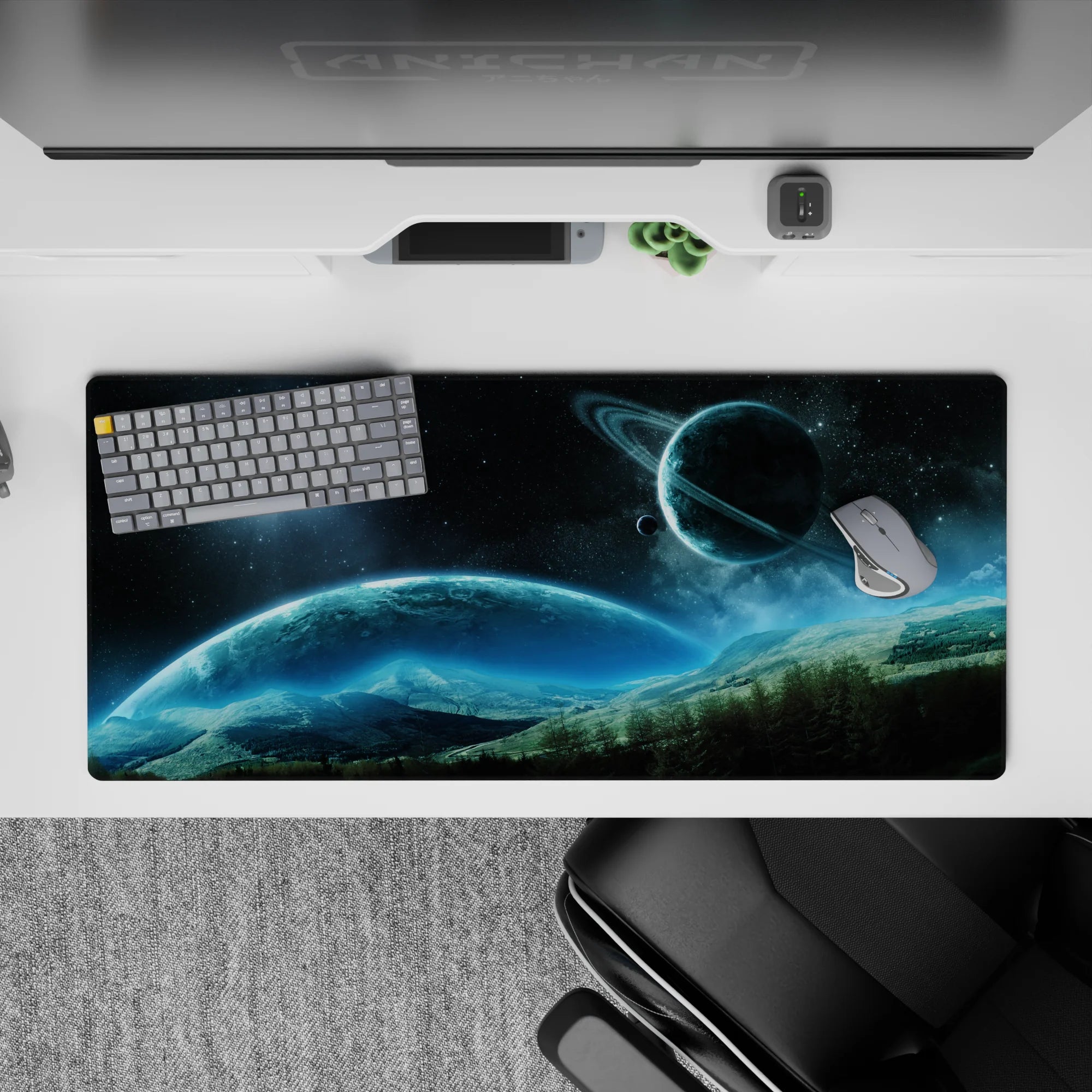 Calming navy-to-icy blue desk pad 36x16 inches with soft glow and glittering stars for a serene workspace.