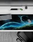 Calming navy-to-icy blue desk pad 36x16 inches with soft glow and glittering stars for a serene workspace.