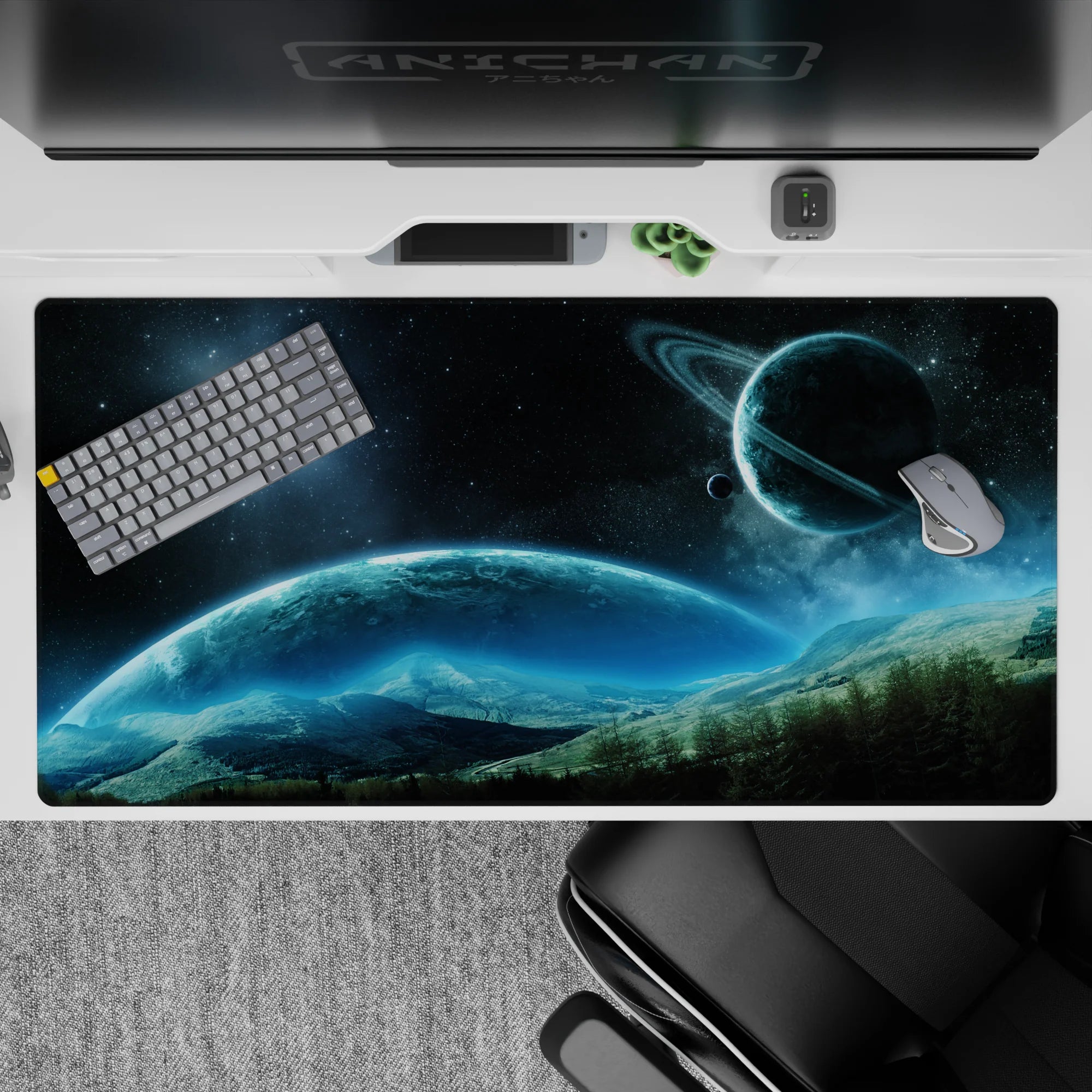 Deep navy to icy blue gradient desk pad 40x20 inches with soft glow and calm cosmic mood.