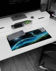 Ringed planet over misty mountains mouse pad 28x12 inches in a starry night sky.
