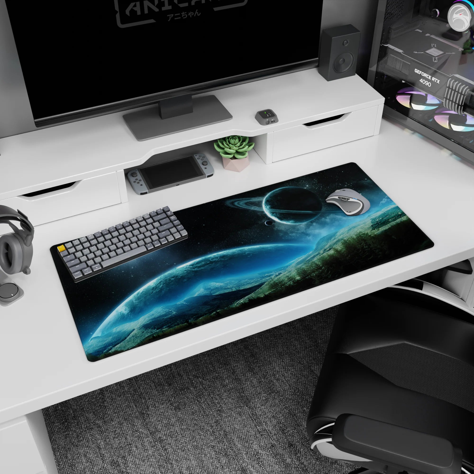 Ringed planet over misty mountains desk pad 36x16 inches, starry night sky backdrop with dreamy detail.