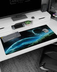 Ringed planet over misty mountains desk pad 36x16 inches, starry night sky backdrop with dreamy detail.