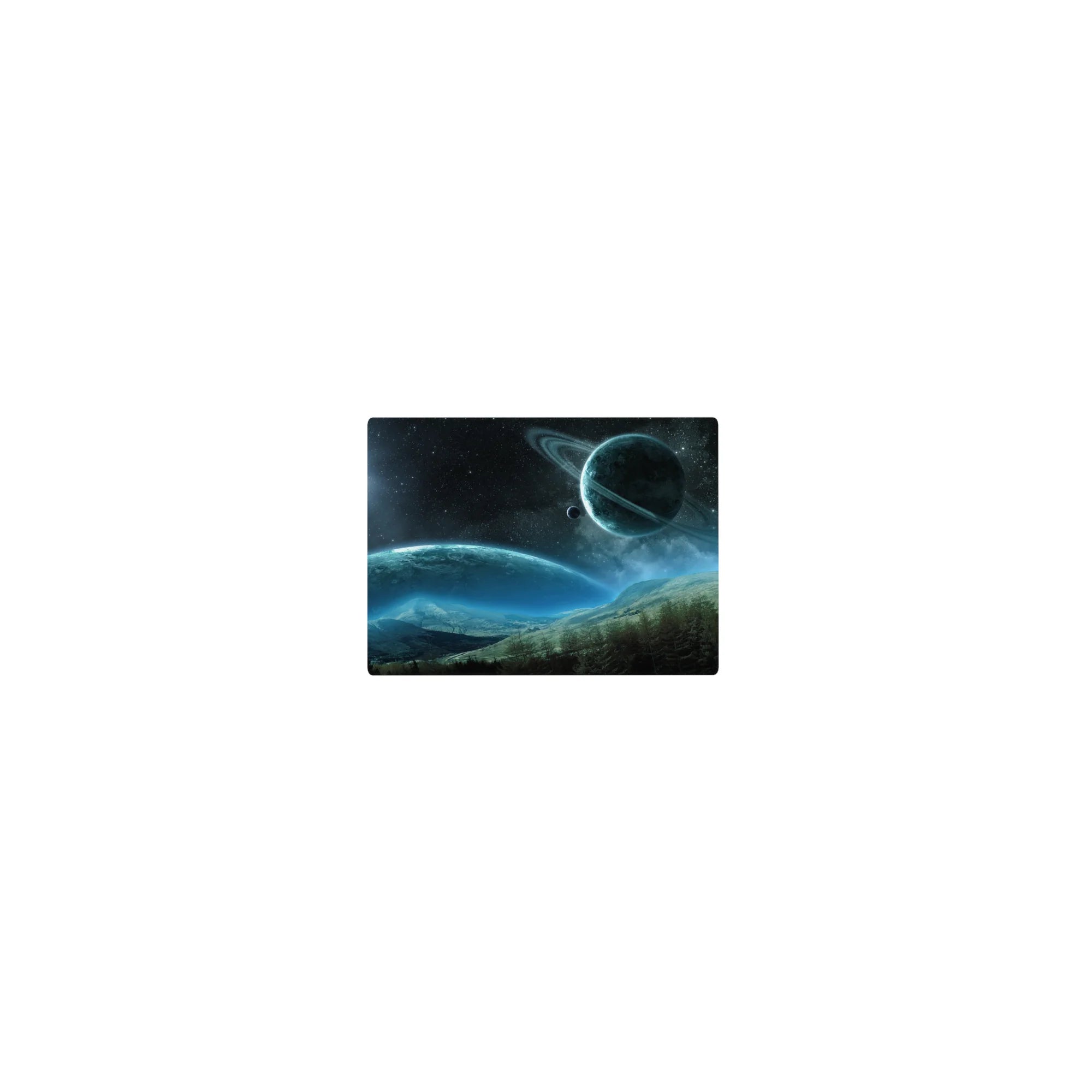 Classic 14x10 inches mouse pad with space scene, misty mountains, stars, and a ringed planet.