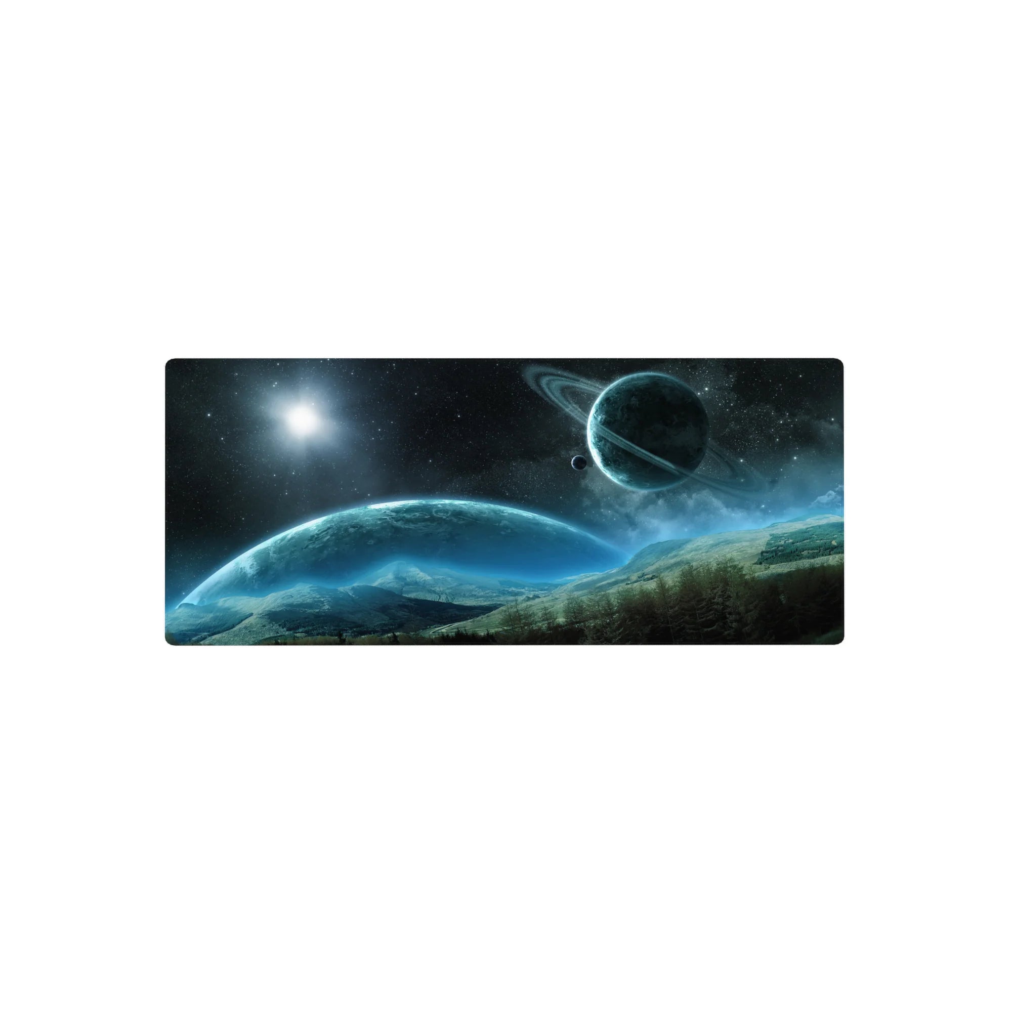 Space scene desk mouse pad 28x12 inches with stars, ringed planet, and misty mountains.