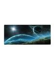Space scene desk mouse pad 28x12 inches with stars, ringed planet, and misty mountains.