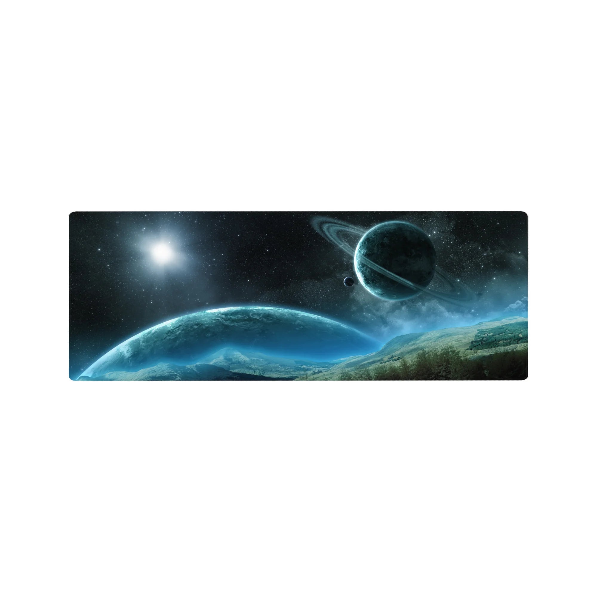 Space scene desk mouse pad 32x12 inches with stars, ringed planet, and misty mountains.
