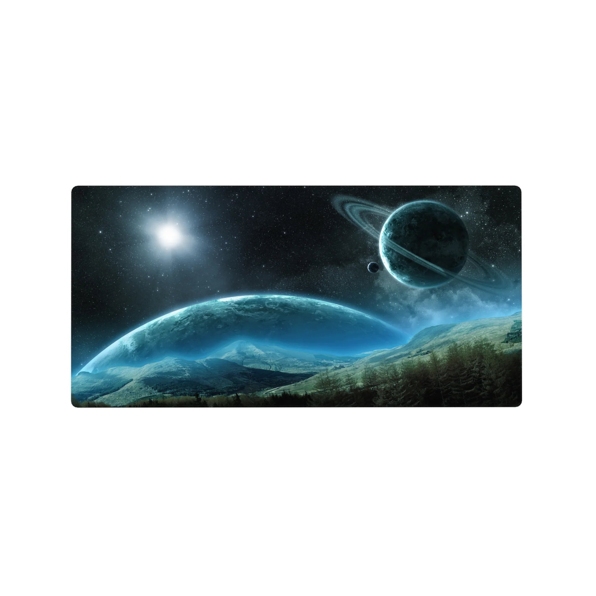 Space scene desk mouse pad 32x16 inches with ringed planet, stars, and misty mountains.