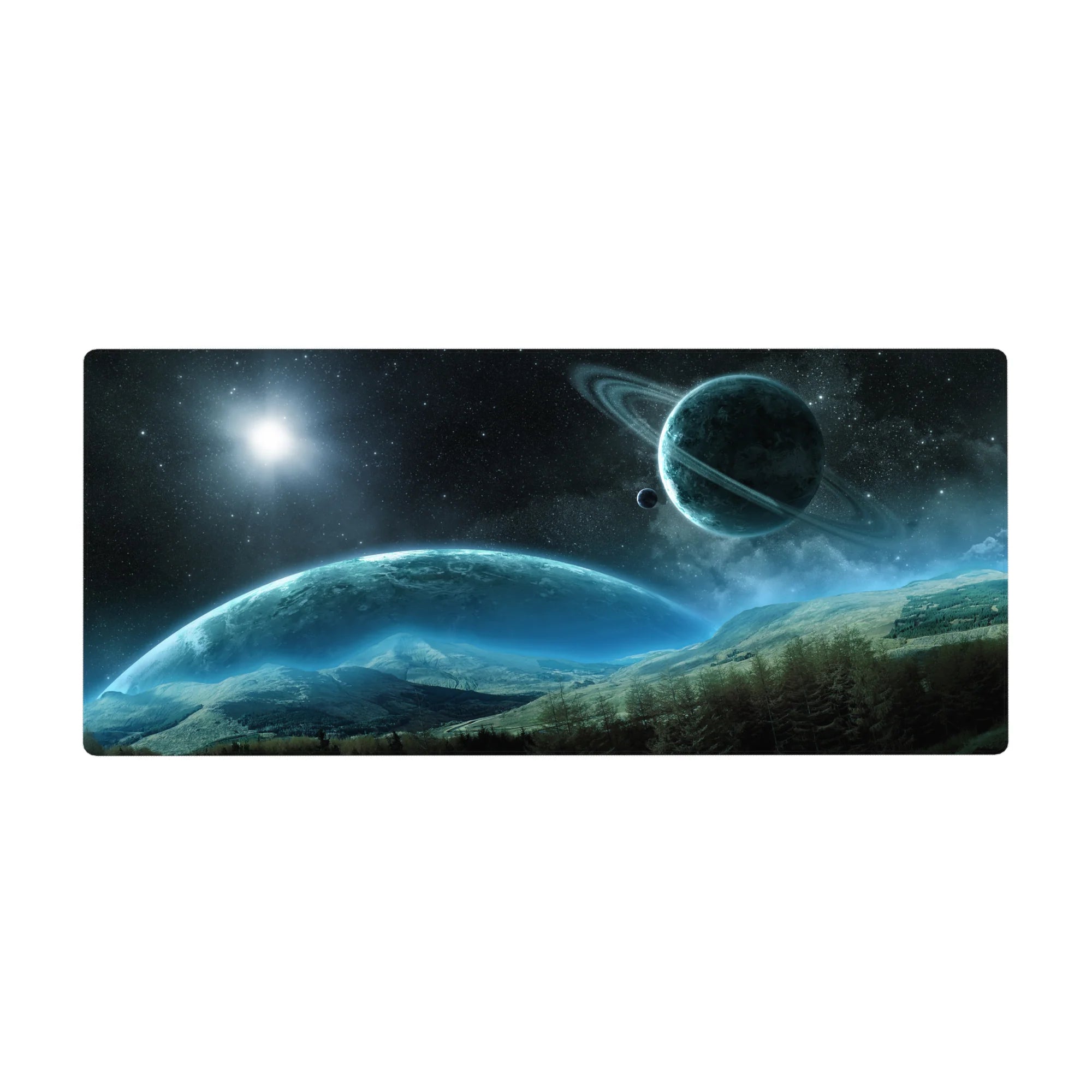 Space scene desk pad 36x16 inches with stars, ringed planet, and misty mountains in smooth gradients.