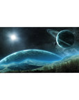 Space scene desk pad 40x20 inches with stars, ringed planet, and misty mountain landscape.