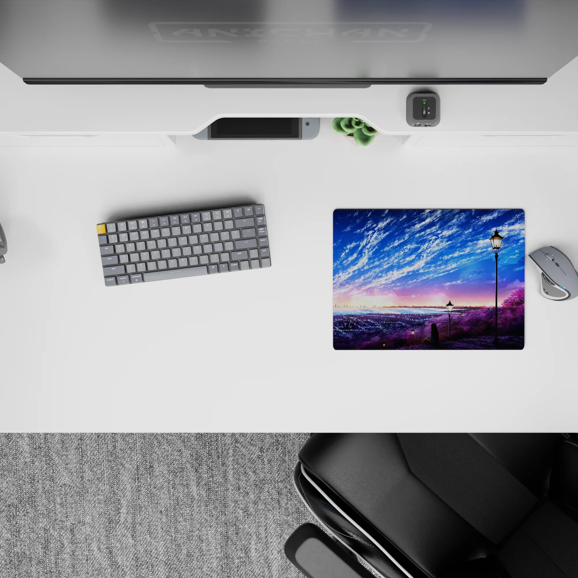 Anime mouse pad 14x10 inches in violet, cotton-candy sunrise and deep ocean blues, calm dreamy desk vibe.