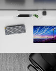 Anime mouse pad 14x10 inches in violet, cotton-candy sunrise and deep ocean blues, calm dreamy desk vibe.
