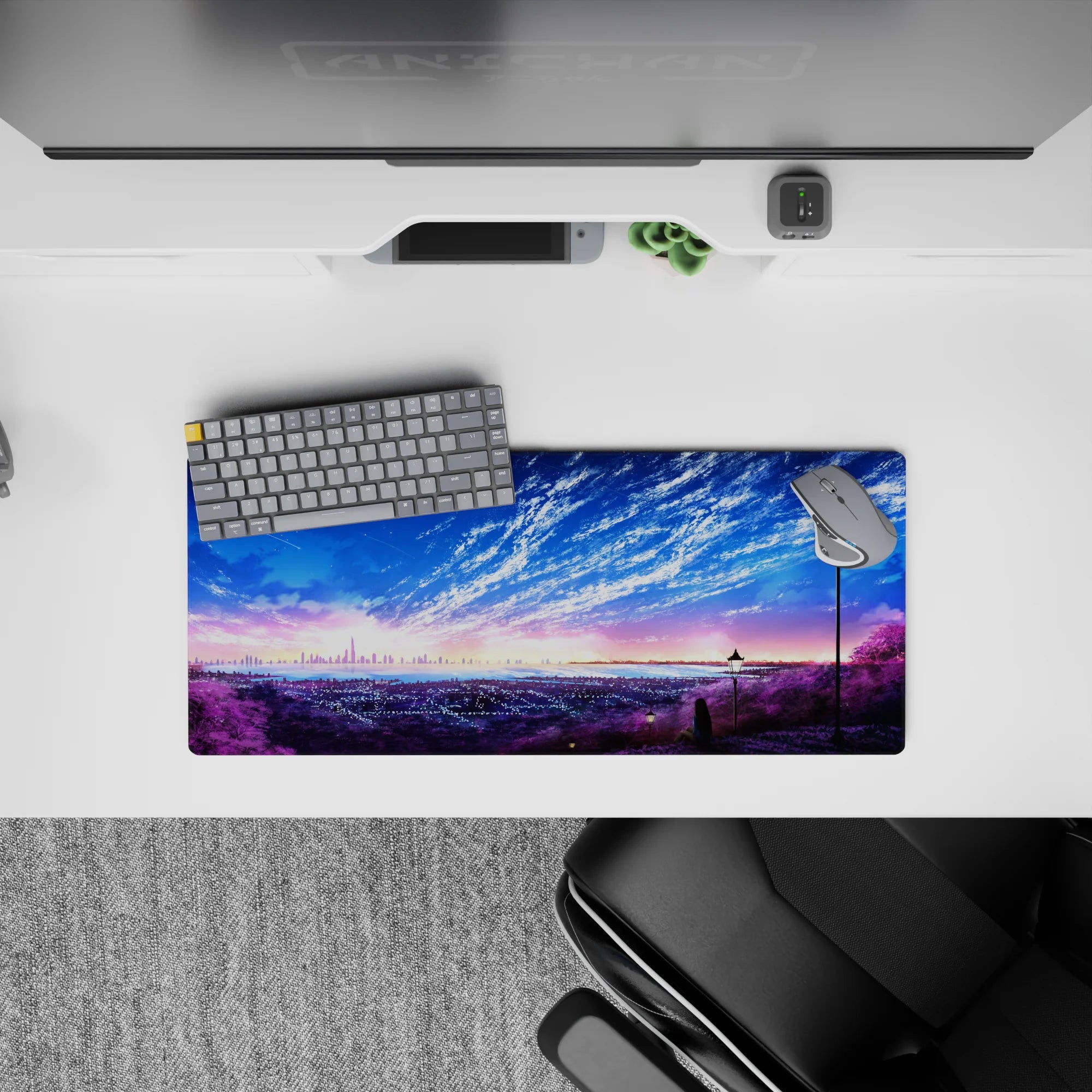 28x12 inches anime mouse pad in cotton-candy sunrise and deep ocean blues, calm dreamy desk mat.