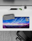 28x12 inches anime mouse pad in cotton-candy sunrise and deep ocean blues, calm dreamy desk mat.
