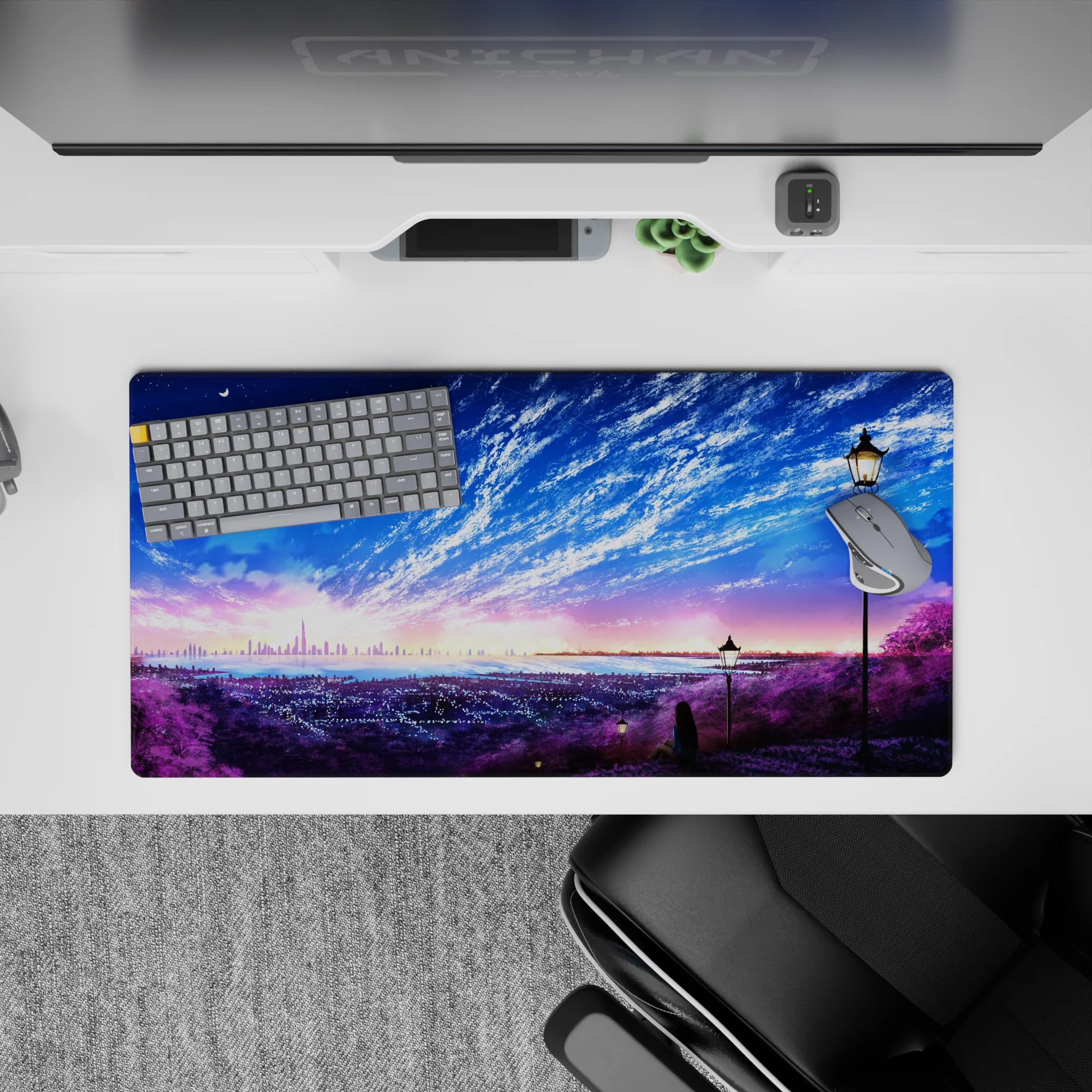 32x16 inches anime mouse pad in violet, cotton-candy sunrise, and deep ocean blues for calm focus.