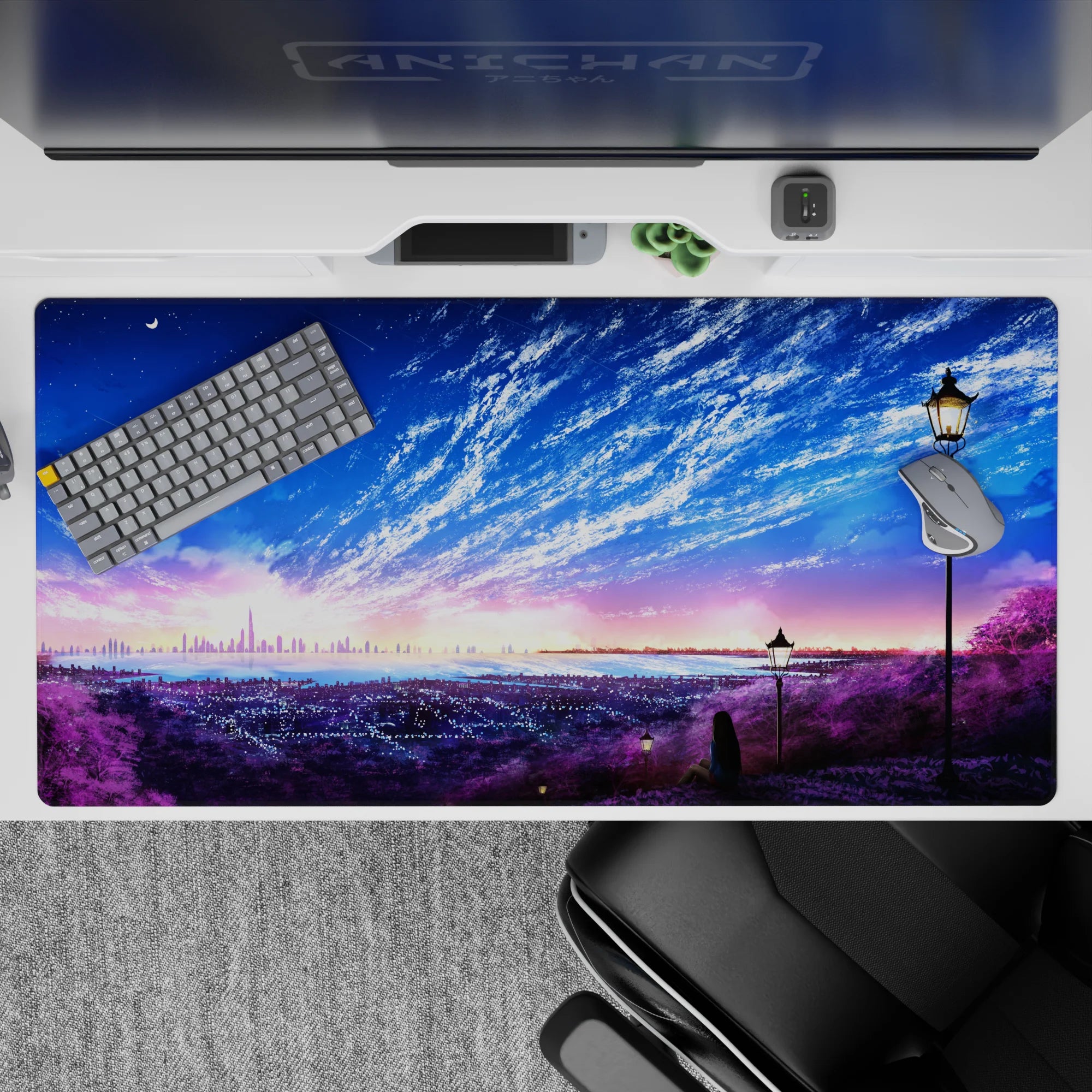 40x20 inches anime desk pad in violet, cotton-candy sunrise and ocean blues for calm focus.