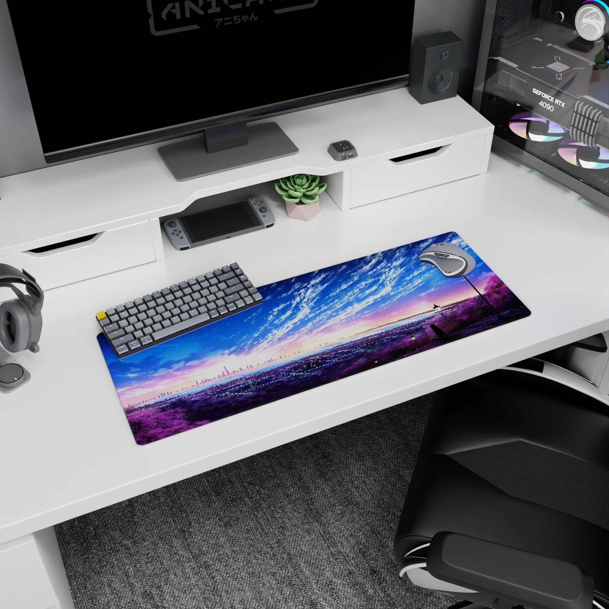 32x12 inches anime mouse pad showing a lone girl under tall street lamps, gazing at a glowing city.