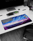 32x16 inches anime mouse pad showing a lone girl under tall street lamps watching sparkling city lights.