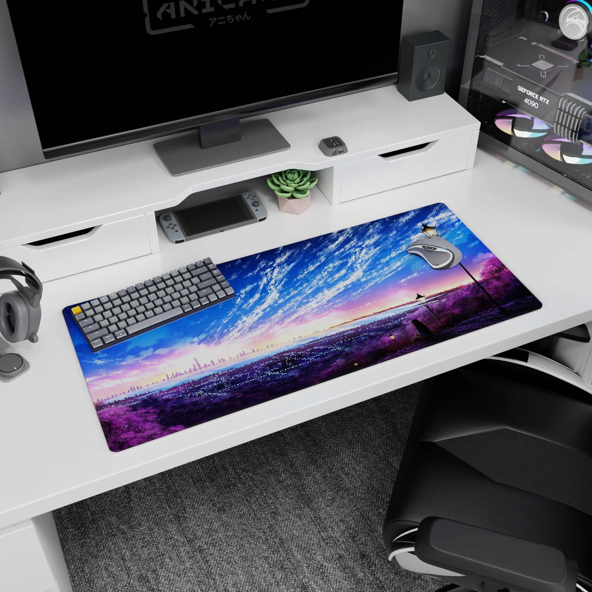 36x16 inches anime desk pad featuring a lone girl under tall street lamps watching the city glow.