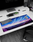 36x16 inches anime desk pad featuring a lone girl under tall street lamps watching the city glow.