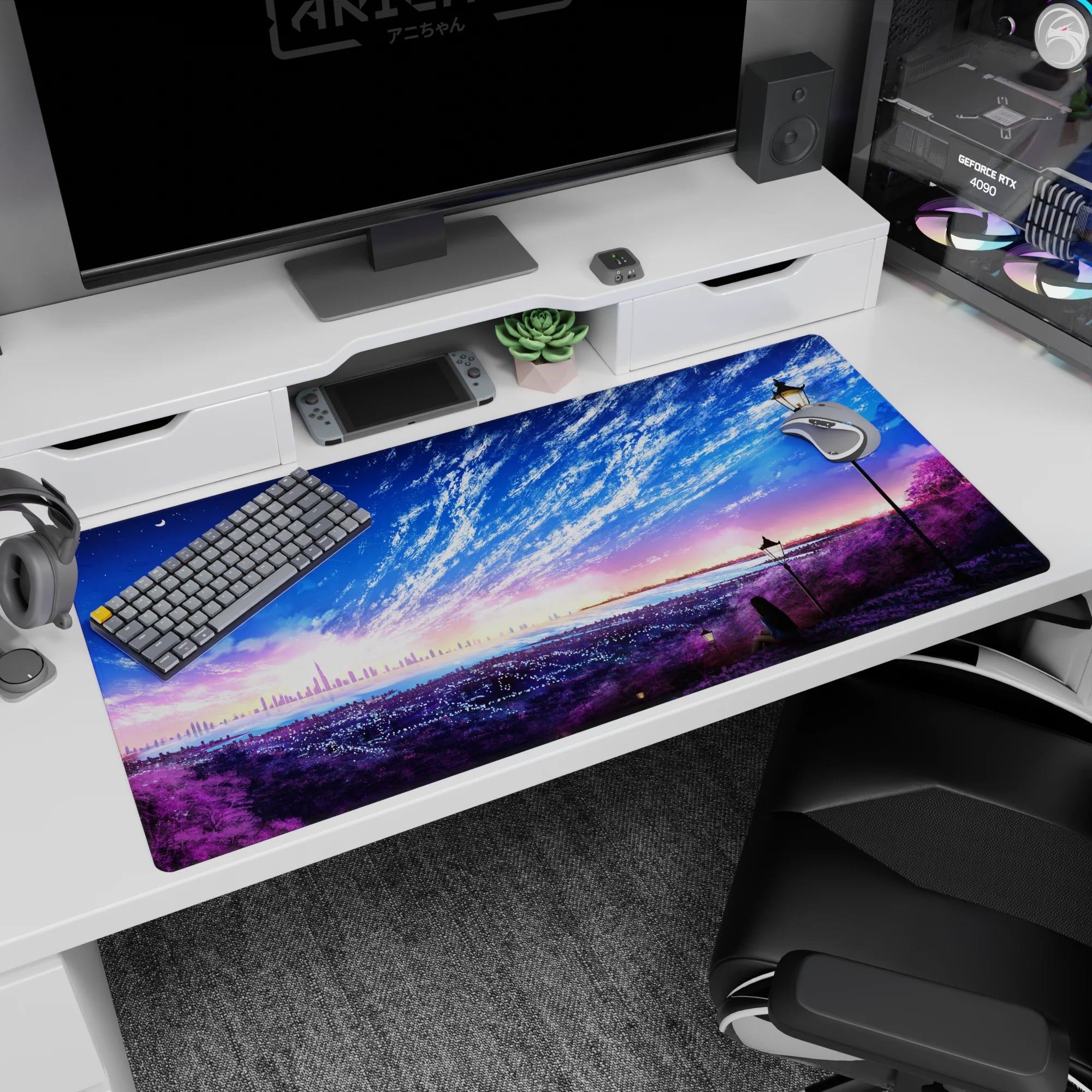 Lone anime girl under tall street lamps watching sparkling city lights on 40x20 inches desk pad.