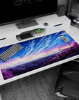 Lone anime girl under tall street lamps watching sparkling city lights on 40x20 inches desk pad.