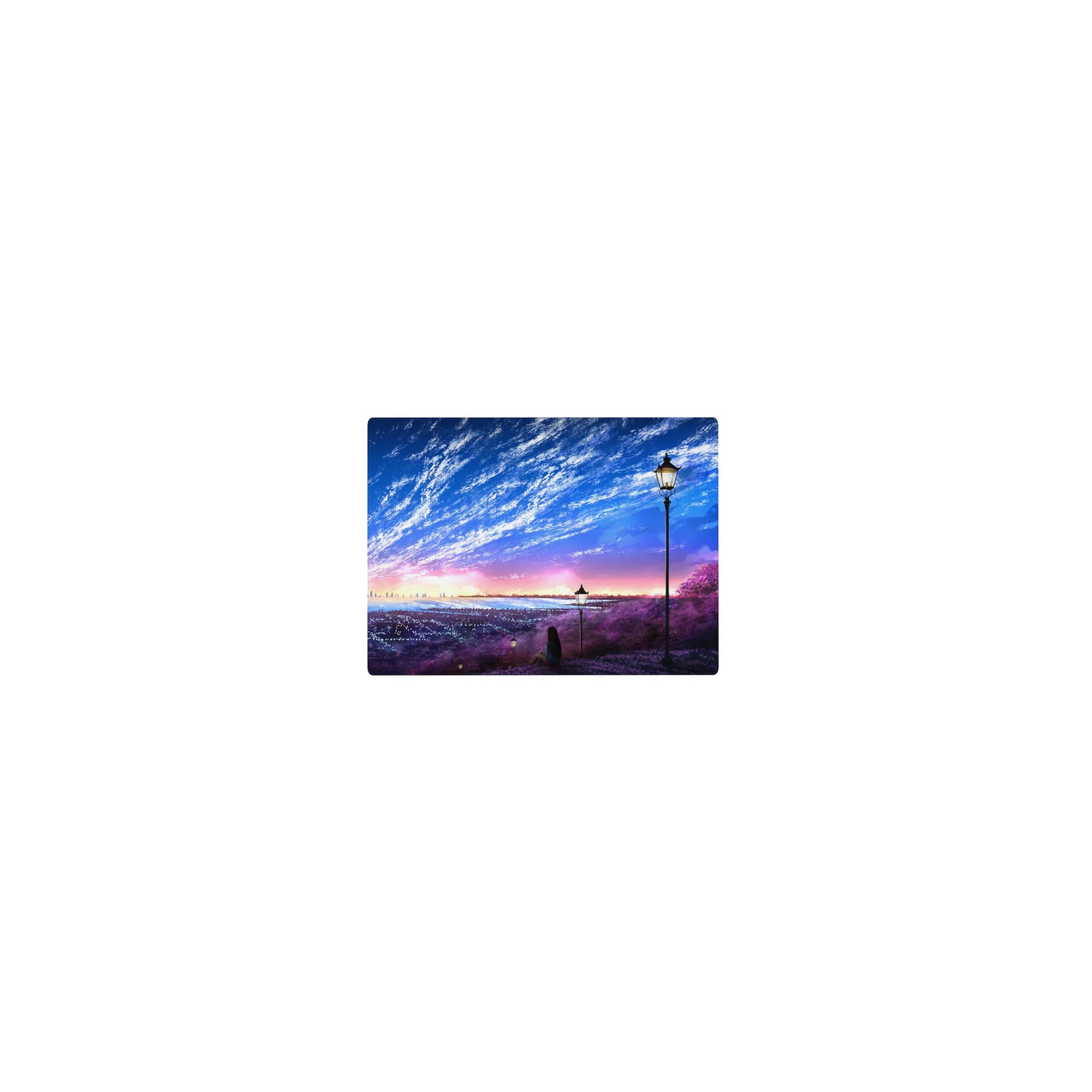 Classic anime mouse pad 14x10 inches with panoramic skyline, violet hillside, street lamps, and girl watching lights.