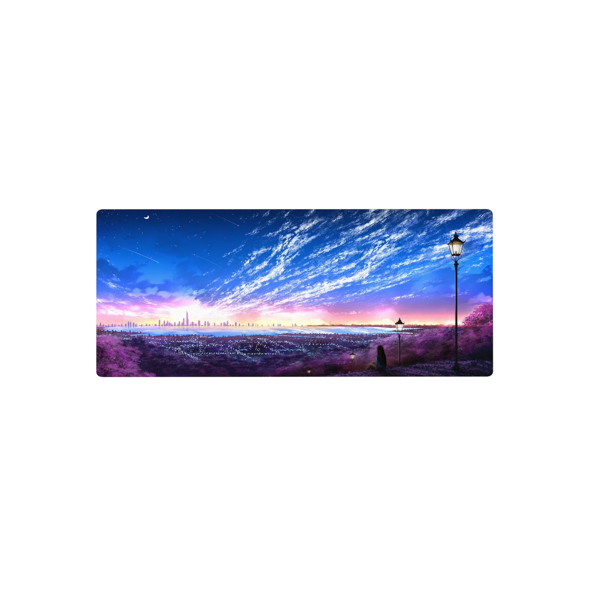 28x12 inches anime mouse pad with violet hillside skyline, girl under street lamps, panoramic city lights.