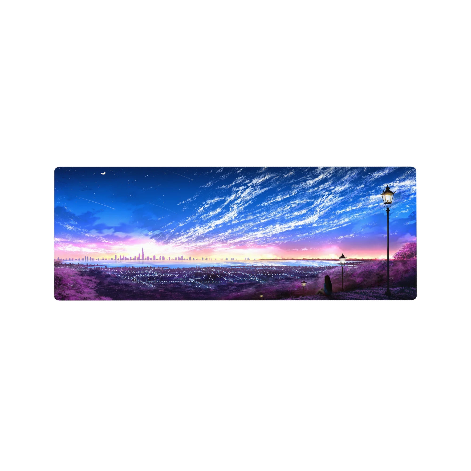 32x12 inches anime mouse pad with violet hillside skyline, street lamps, and sparkling city lights panorama.
