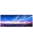 32x12 inches anime mouse pad with violet hillside skyline, street lamps, and sparkling city lights panorama.