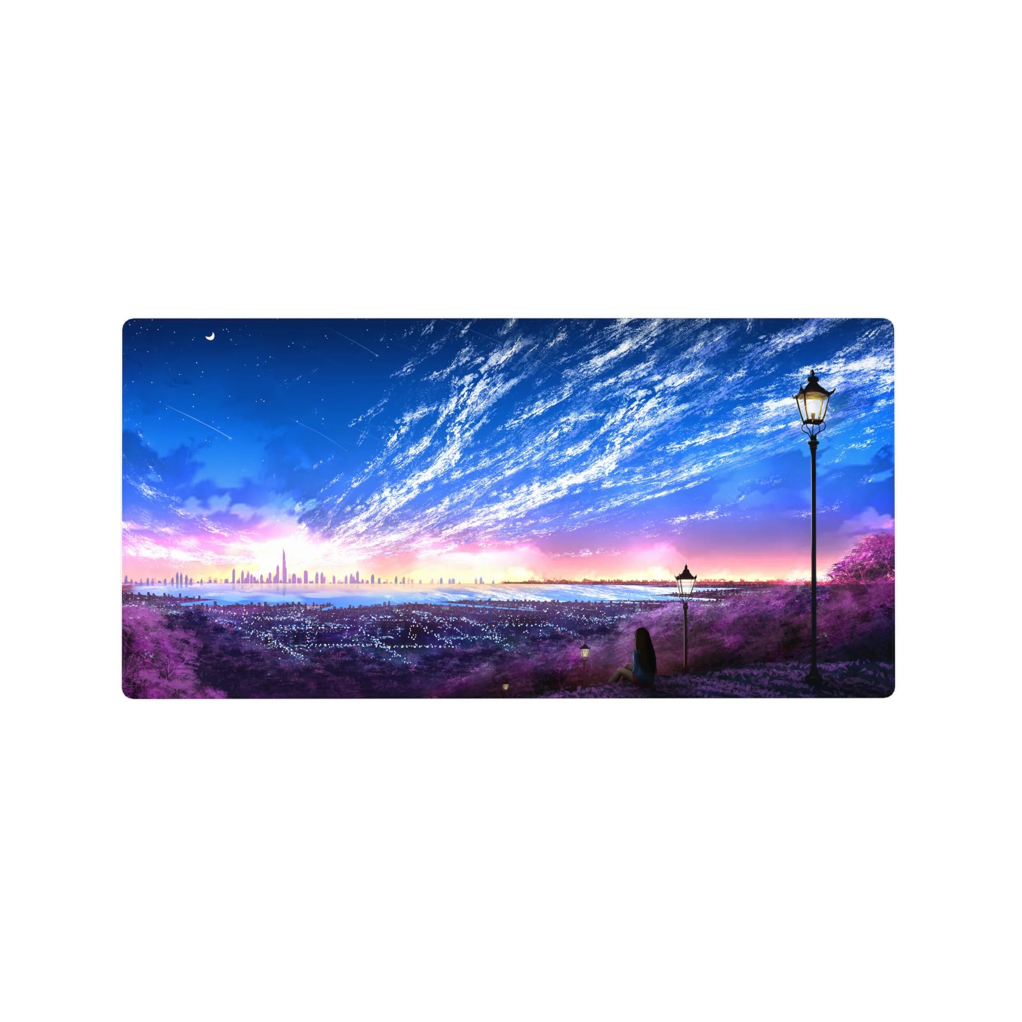 32x16 inches anime mouse pad with panoramic skyline over violet hillside, street lamps, and tiny moon.