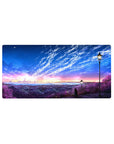 32x16 inches anime mouse pad with panoramic skyline over violet hillside, street lamps, and tiny moon.