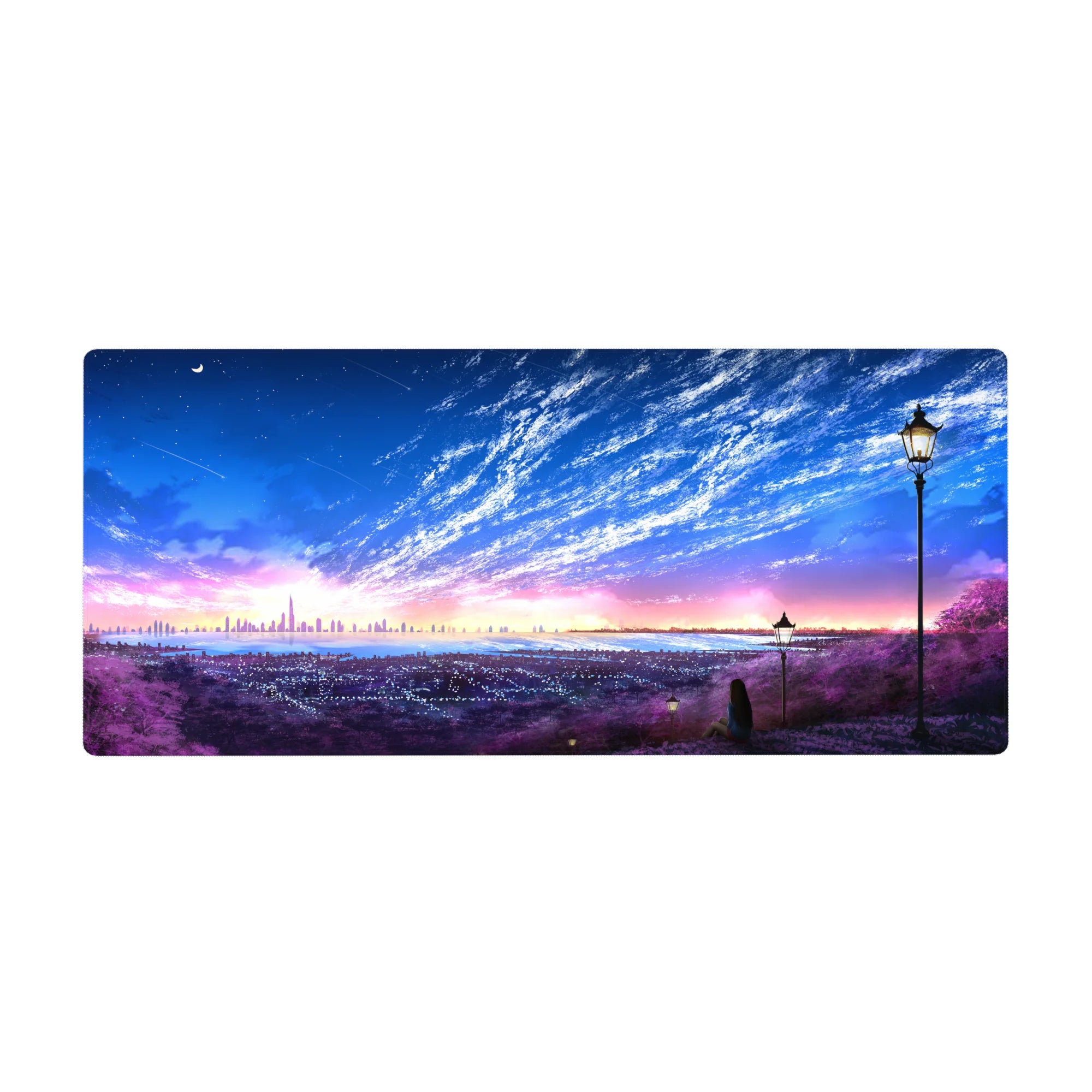 36x16 inches anime desk pad with violet hillside skyline, street lamps, and sparkling city lights panorama.