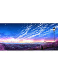 36x16 inches anime desk pad with violet hillside skyline, street lamps, and sparkling city lights panorama.