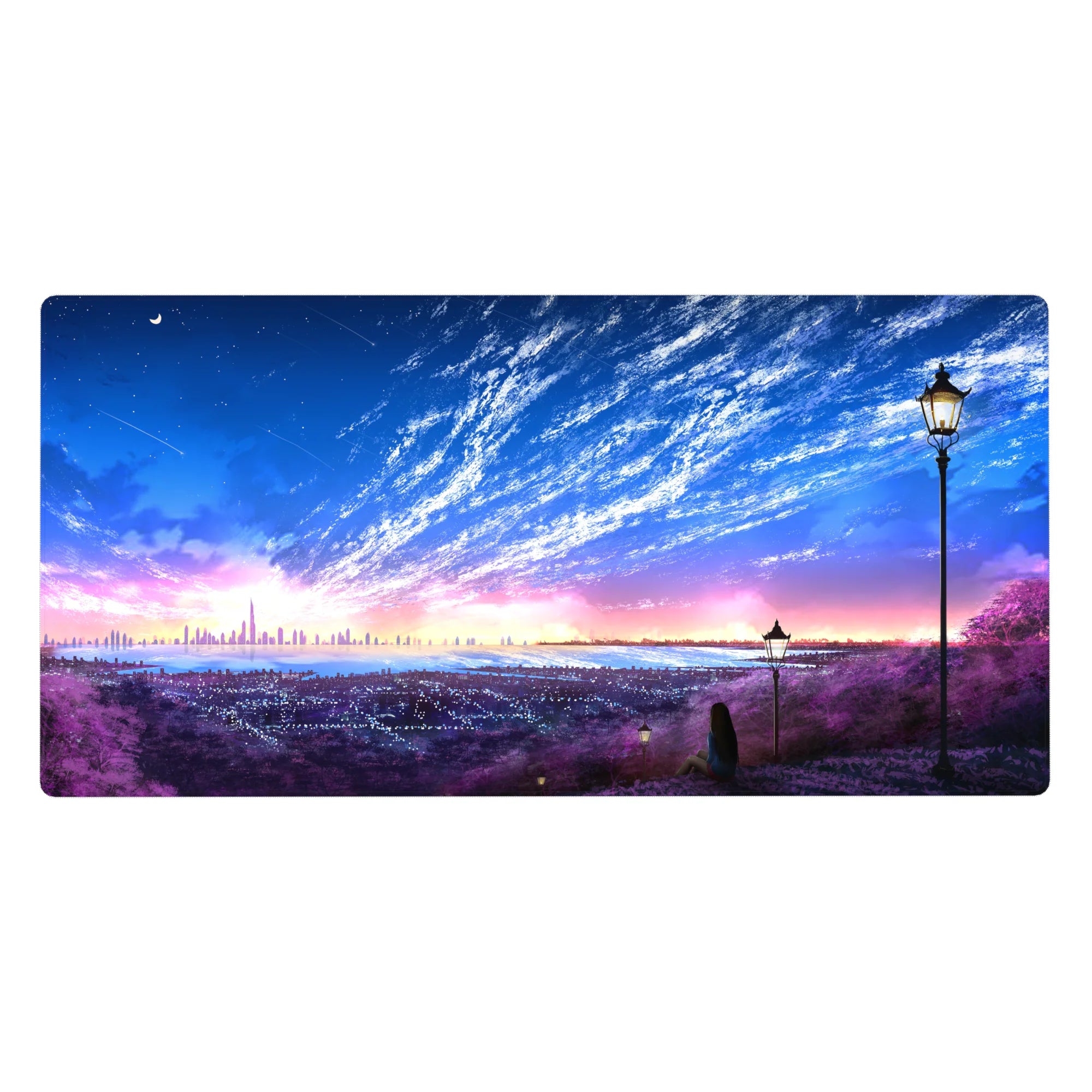 Panoramic anime city skyline desk pad, violet hillside with street lamps, 40x20 inches.