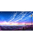 Panoramic anime city skyline desk pad, violet hillside with street lamps, 40x20 inches.