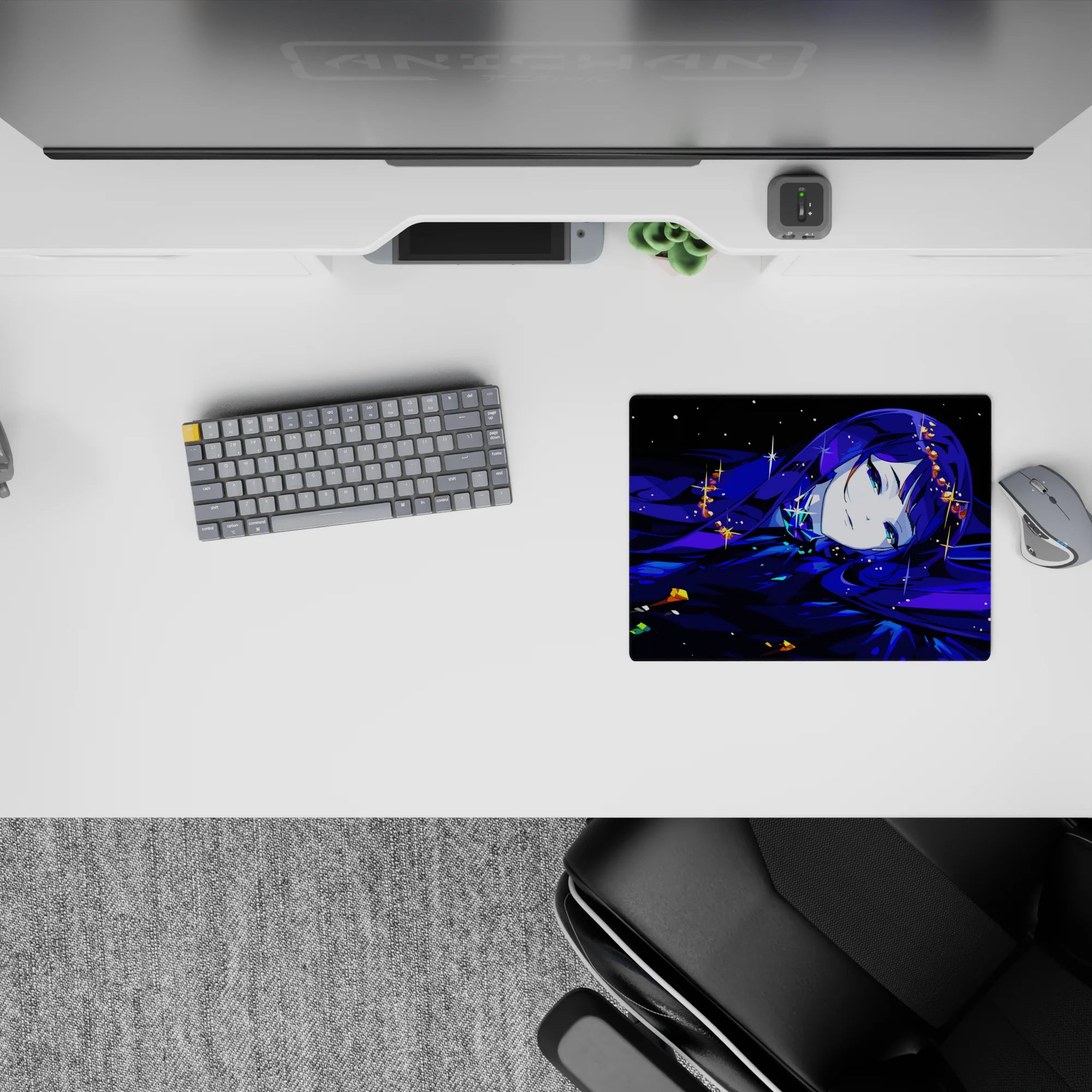 Dreamy midnight palette on a 14x10 inches anime girl mouse pad, inky blues, violet shadows, moonlit gloss.
