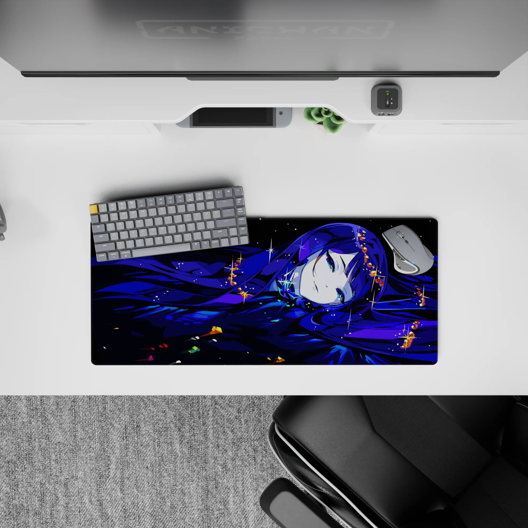 28x12 inches anime girl mouse pad in inky blues and violet shadows, moonlit gloss and dreamy midnight vibe.