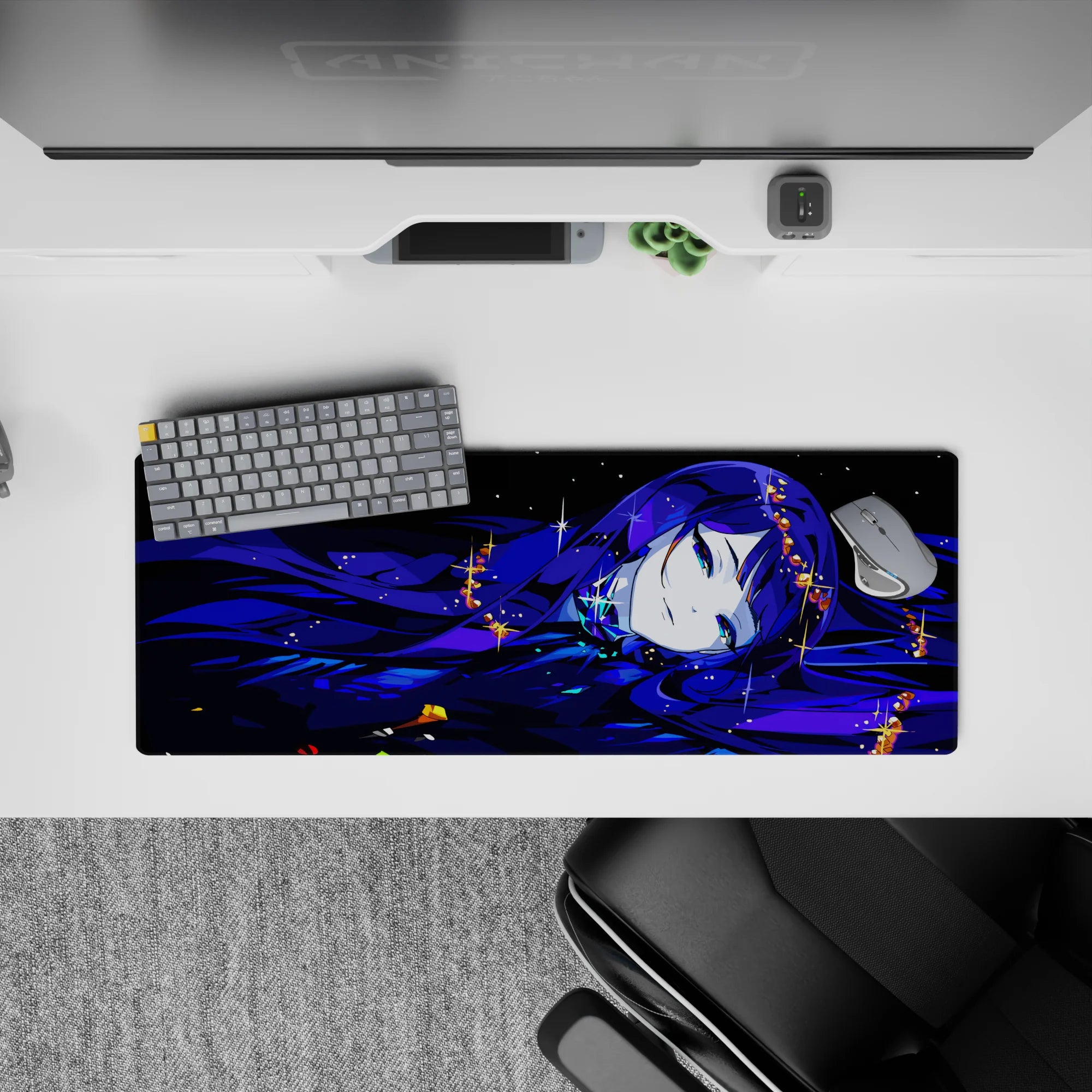 32x12 inches anime girl mouse pad in inky blues and violet shadows, glossy moonlit highlights and dreamy vibe.