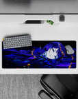 32x12 inches anime girl mouse pad in inky blues and violet shadows, glossy moonlit highlights and dreamy vibe.