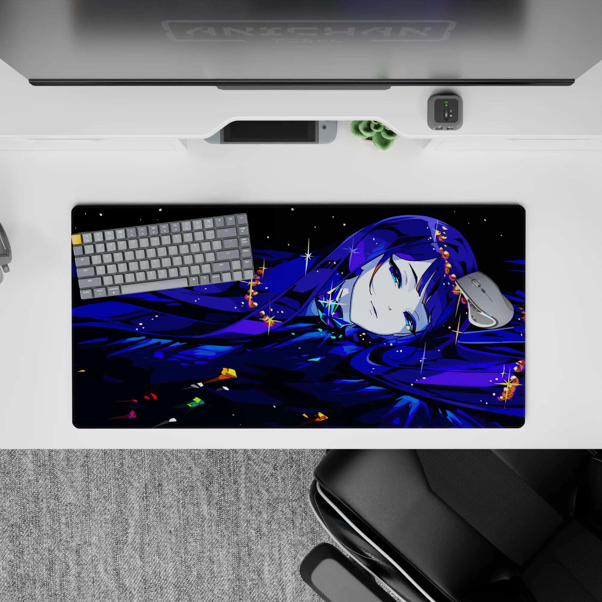 32x16 inches anime girl mouse pad in inky blues and violet glow, moonlit highlights and calm sleepy vibe.