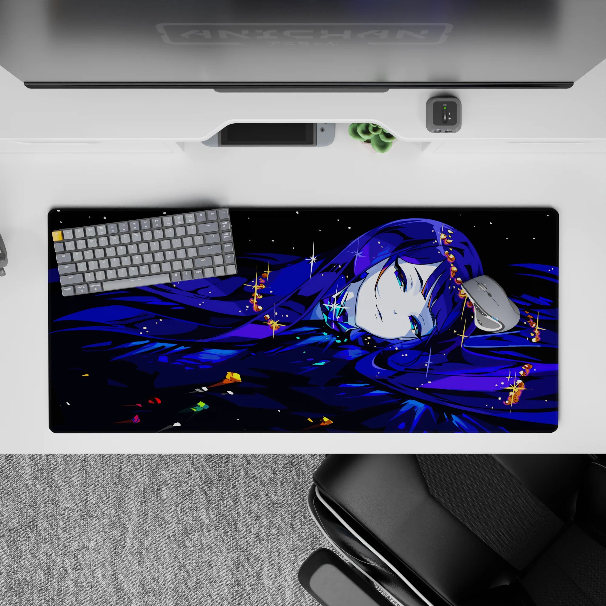 36x16 inches anime desk pad in inky blues and violet shadows, dreamy midnight mood with starry sparkles.