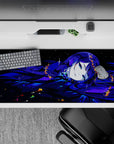 36x16 inches anime desk pad in inky blues and violet shadows, dreamy midnight mood with starry sparkles.