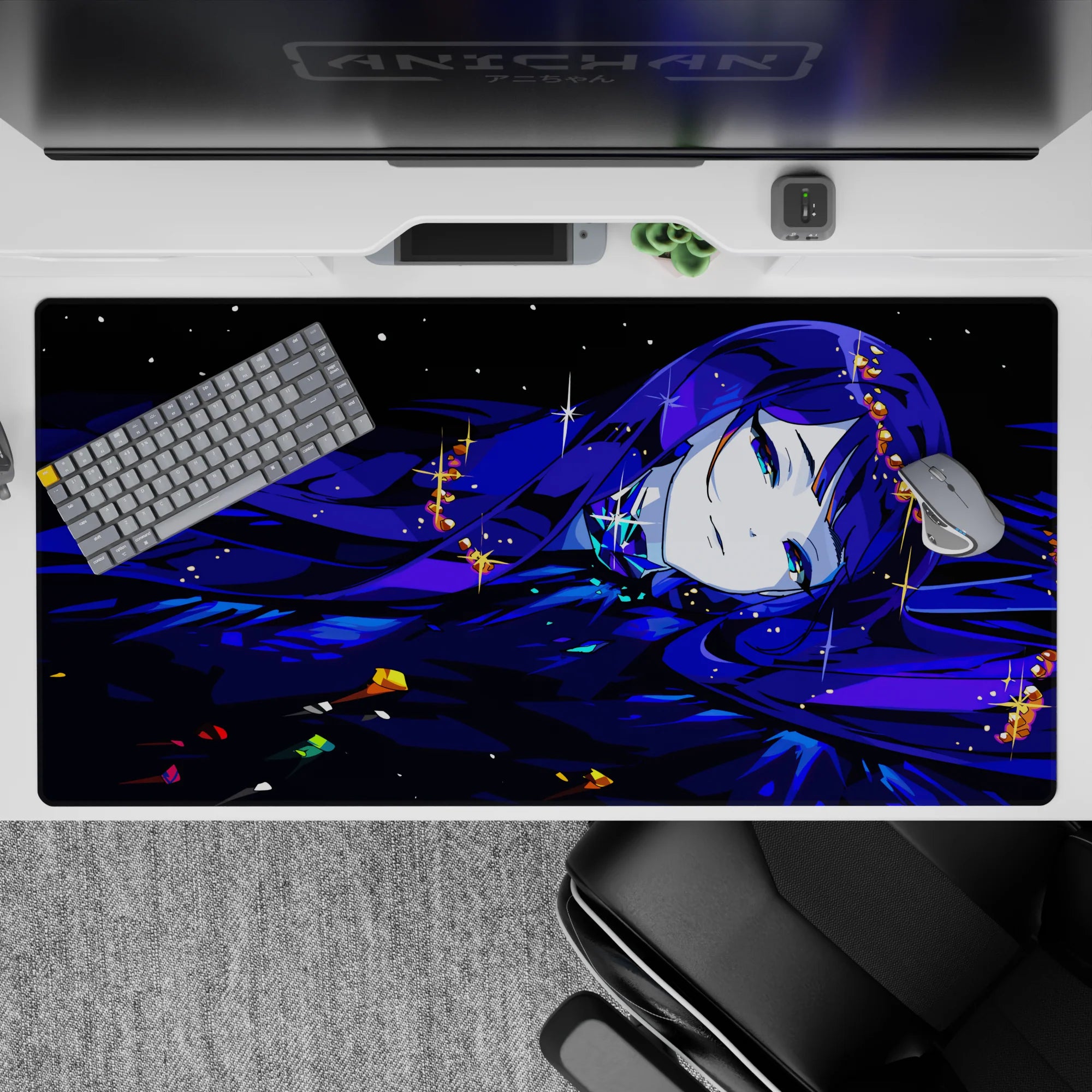 40x20 inches anime desk pad in inky blue and violet, moonlit gloss highlights, dreamy midnight vibe.