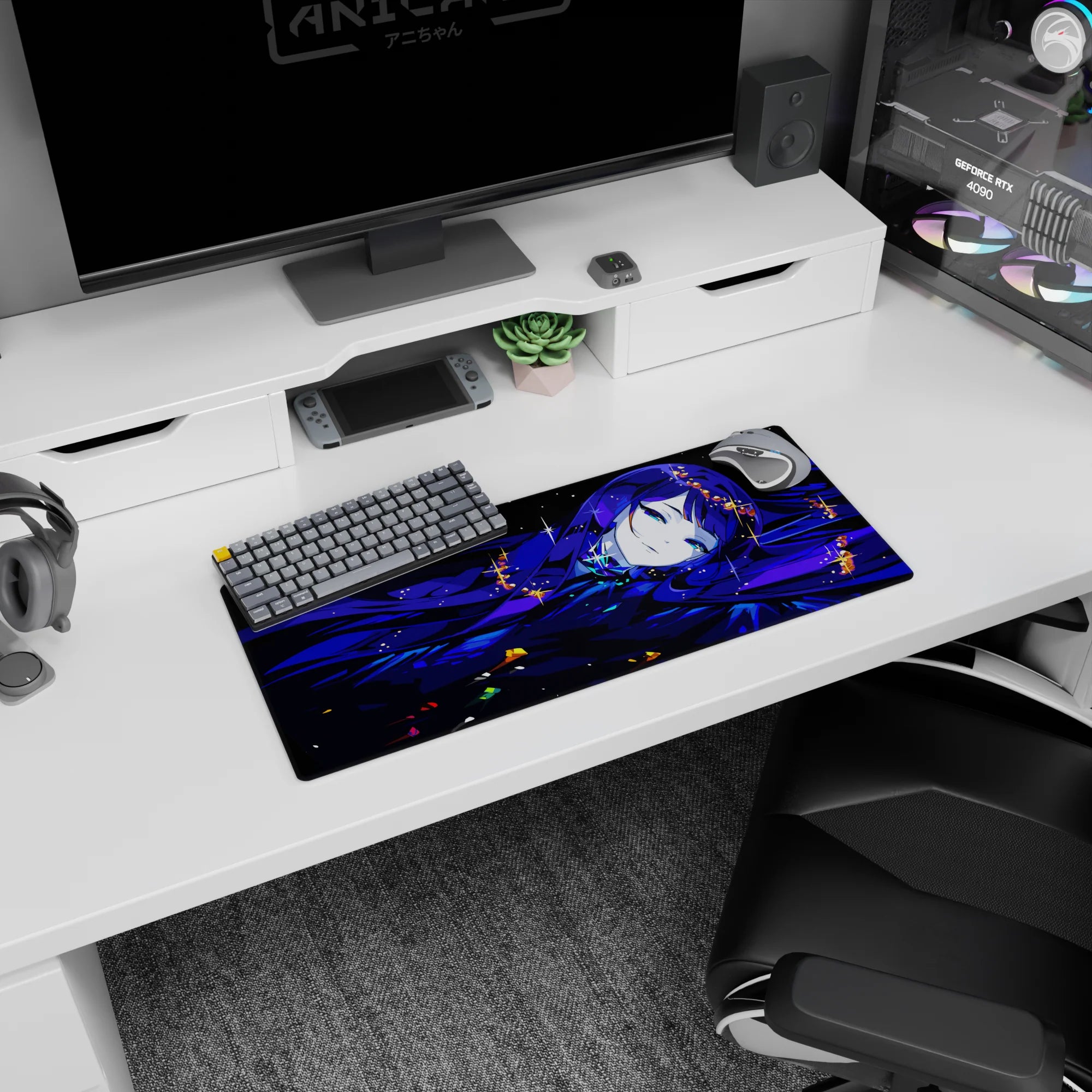 28x12 inches anime girl mouse pad showing a sleepy-eyed blue-haired girl drifting through starry shimmer.