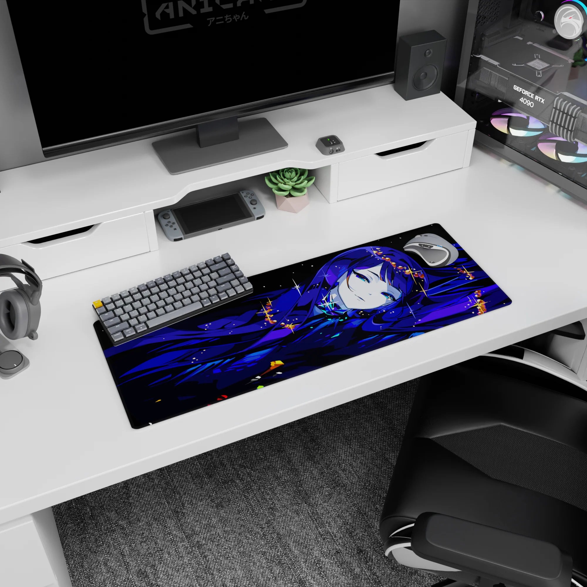 32x12 inches anime girl mouse pad showing a sleepy blue-haired girl drifting through a midnight star field.