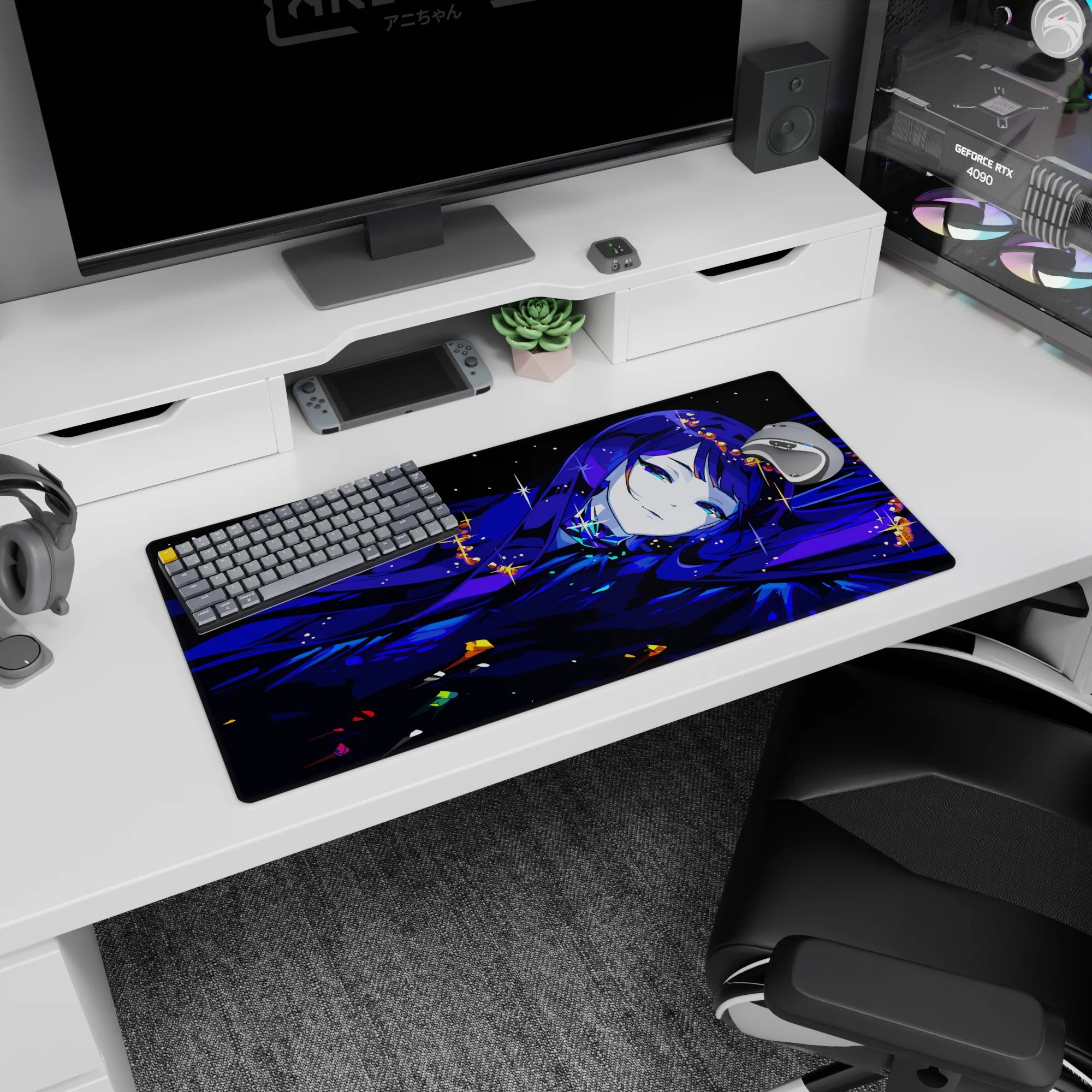 32x16 inches anime girl mouse pad showing a serene blue-haired girl drifting through starry shadows with sparkles.