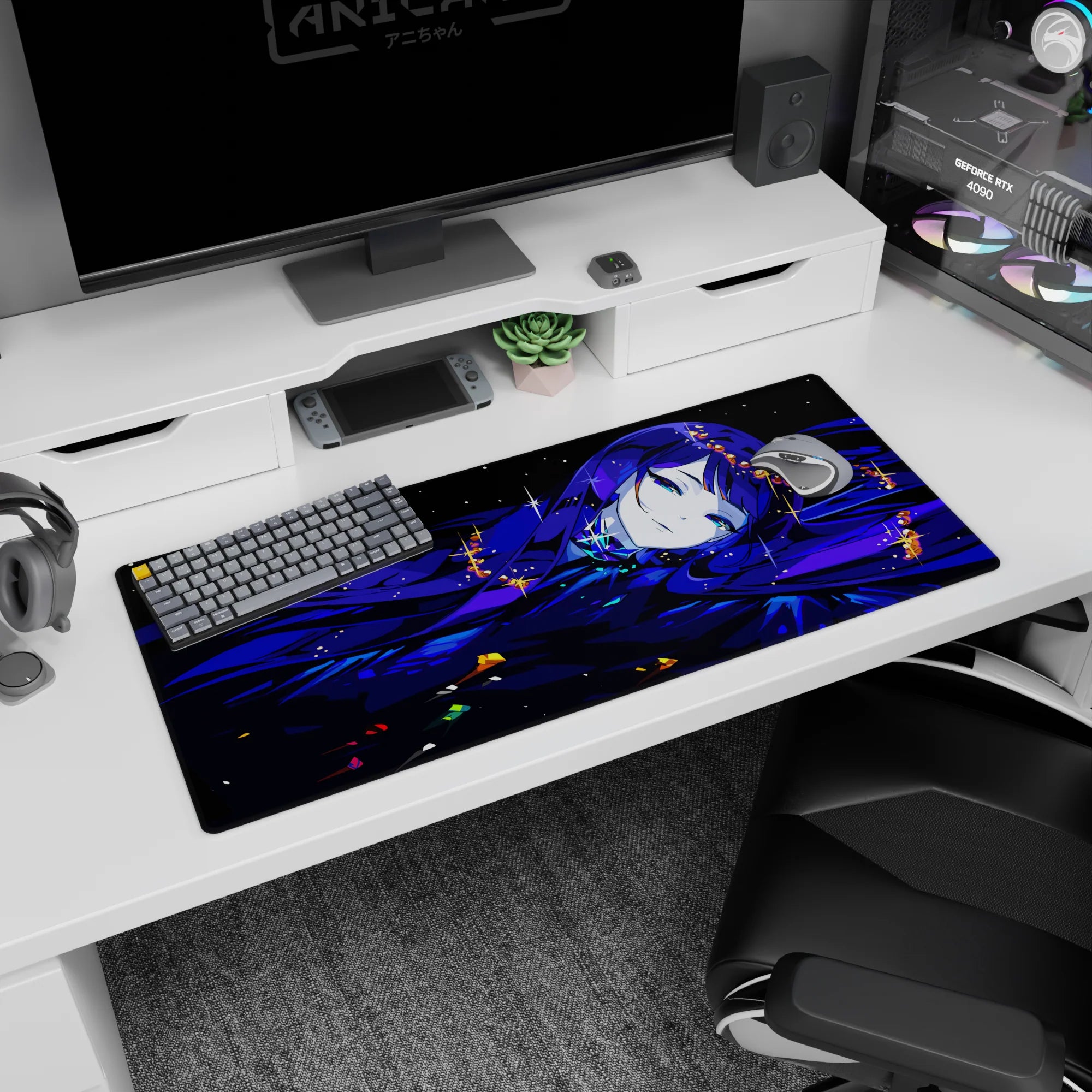 36x16 inches desk pad showing a calm blue-haired anime girl with sleepy eyes drifting through moonlit water glow.